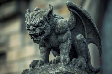 Fototapeta premium Terrifying Stone Winged Statue of a Mythical Gargoyle Creature Crafted from Intricate Carvings