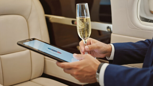 Luxury travel experience with business person enjoying champagne