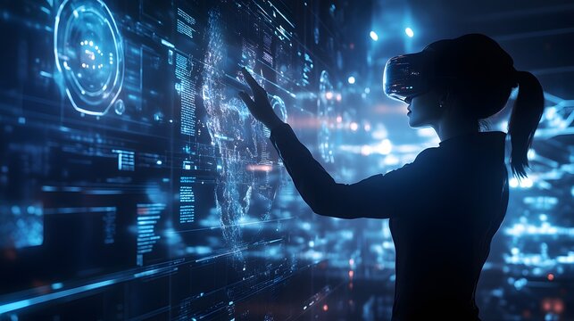 Digital Explorer: A silhouette of a person wearing virtual reality goggles, immersed in an intricate digital interface. The scene is a futuristic exploration of technology and interaction. - Powered by Adobe