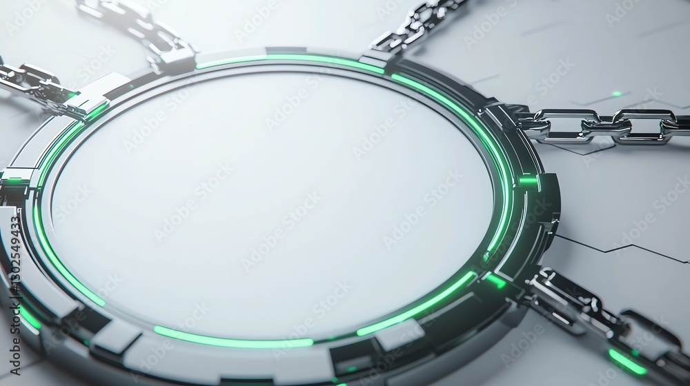 Poster futuristic digital interface with glowing elements and metallic chains, symbolizing connectivity and