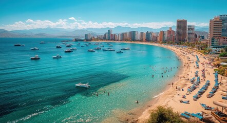 Sunny Beachscape in La Paz, BCS: Vibrant Coastline with Azure Waters and Expansive Summer Sky