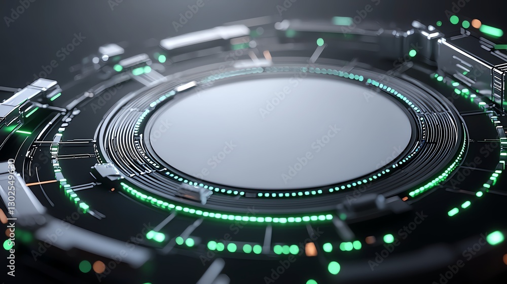 Poster futuristic digital interface with green led lights in a circular pattern, representing advanced tech