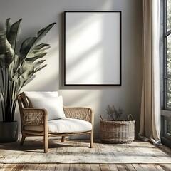 Tranquil Home Interior Design with Rattan Chair and Plant