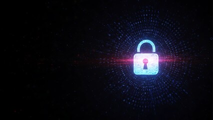 Glowing padlock icon on dark digital background, cyber security concept.