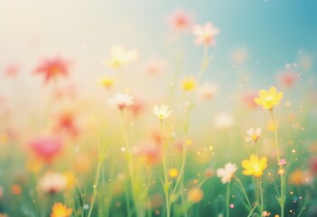 Fototapeta premium dreamy flower background with glimmering sunlight and prismatic sparkle in a magical meadow, adorable, cute and relax