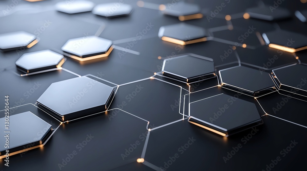 Poster futuristic hexagonal shapes connected on a dark surface with glowing edges, representing modern tech