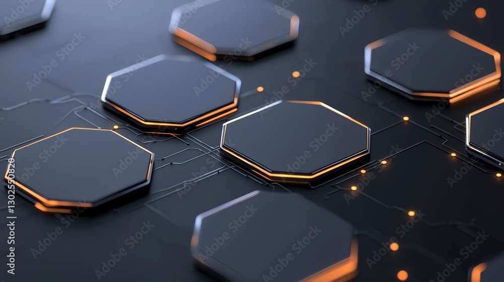 Poster futuristic hexagonal shapes with glowing edges on a dark surface, representing innovation and tech a