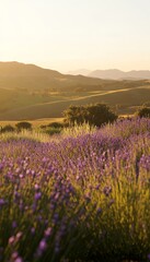 Fototapeta premium Vibrant lavender fields under a golden sunset a dreamy scene of nature s beauty and serenity