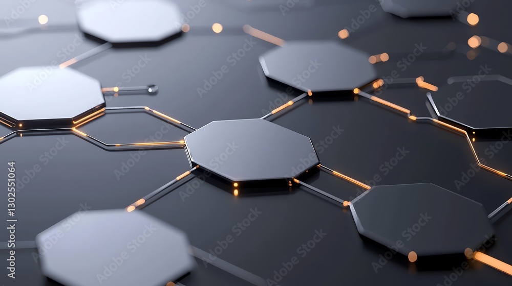 Poster futuristic hexagonal technology network with glowing connections on sleek surface.