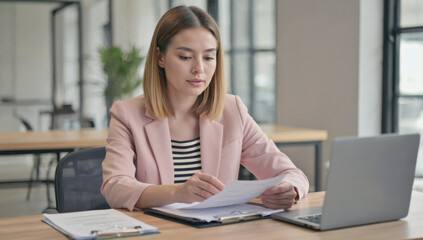 Professional woman reviewing documents at modern office desk