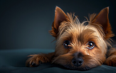 Norwich Terrier dog on minimalistic colorful background with Copy Space. Perfect for banners, veterinary ads, pet food promotions, and minimalist designs.