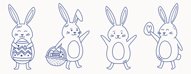 Collection of hand drawn Easter bunny with egg. Cartoon style icons. Doodle. Vector illustration