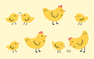Collection of cartoon chicks and chickens. Easter chicks. Vector illustration.