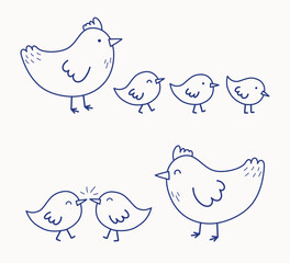Cute cartoon chicks and chickens. Easter chicks icons in hand drawn style. Set. Vector illustration