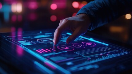 Fototapeta premium Night city interface, hand interacting with futuristic tablet