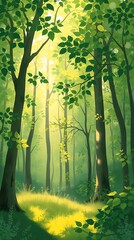 A Nature-Inspired Wallpaper Illustrating A Lush, Verdant Forest With Dappled Sunlight Filtering Through Leaves, Using An Impressionistic Style With A Soft Focus And Pastel Green, Yel.