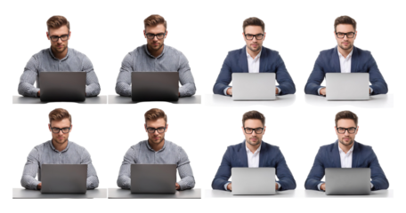 Professional Businessman Working on Laptop in Multiple Configurations, Bundle Set Collection, Isolated on Transparent Background