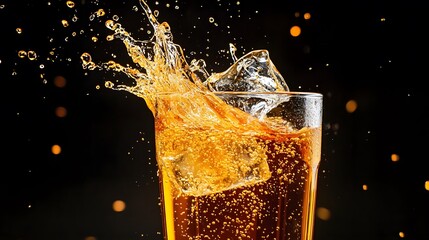 A Refreshing Cascade: A dynamic display of a drink, ice cubes plunge into a transparent glass, creating a splash of vibrant colors