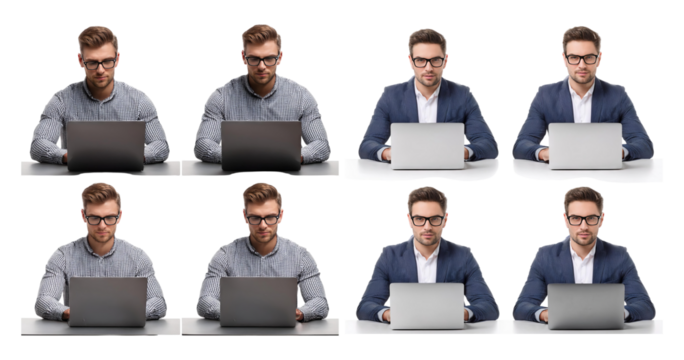 Professional Businessman Working on Laptop in Multiple Configurations, Bundle Set Collection, Isolated on Transparent Background
