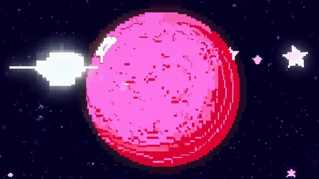 Pixel art pink planet with a glowing surface floating in deep space with scattered stars in a retro 8-bit style