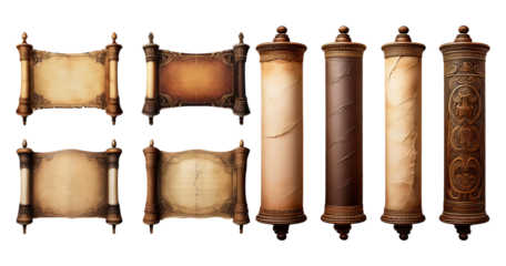 Decorative Ancient Scrolls on Wooden Rollers with Elegant Designs, PNG bundle collection, Isolated on Transparent Background