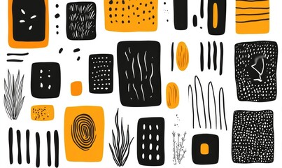 Abstract Geometric Patterns with Black and Orange Elements on White