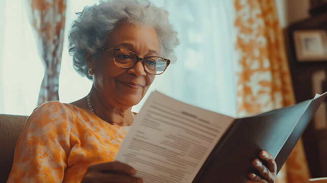A senior citizen happily reviewing Medicare documents at home with glasses on (1)