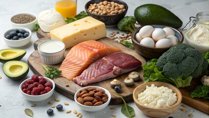 Atkins Diet: Meat, fish, eggs, cheese, butter, olive oil, avocado, nuts, seeds, herbs, spinach, broccoli, cauliflower, courgettes, mushrooms, coconut oil, double cream, sugar-free yoghurt, berries, fl