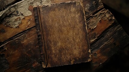 Aged tome resting on timeworn wood surface evoking mysteries and knowledge