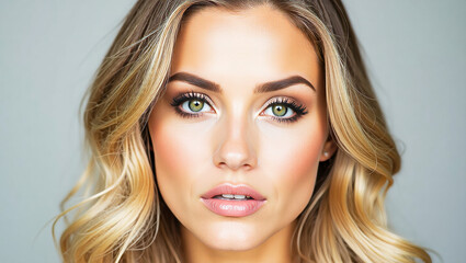 Fototapeta premium Close-up of a woman with long, wavy blonde hair cascading over her shoulders