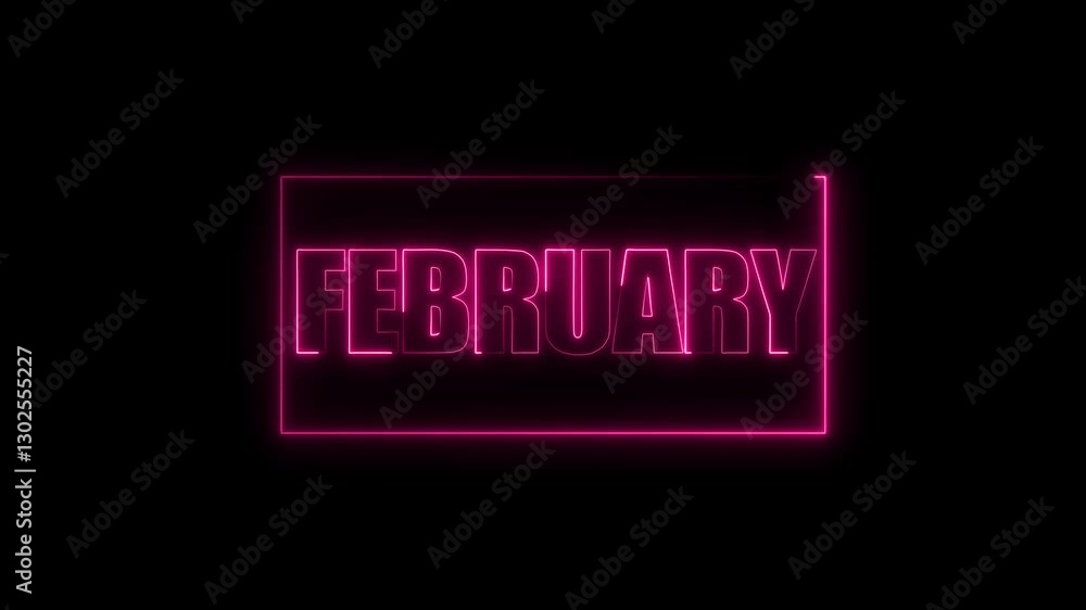 Poster glowing neon red color rectangle animation on black background with february text animation inside i