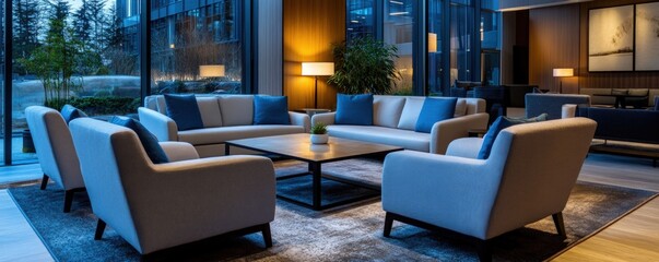 Fototapeta premium Modern Lobby Seating Area with City Views