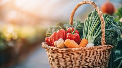 Freshly harvested vegetables in a wicker basket, glowing in the sunlight on a farm