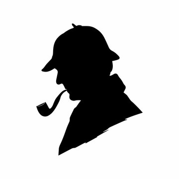 A silhouette of a sherlock holmes On white background. A detective with pipe.