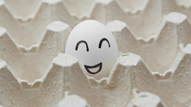 White egg with smiling face rotating. Chicken egg in container. Funny happy egg. Farm concept. Organic food. Healthy fresh ingredients for breakfast. Close-up in 4K, UHD