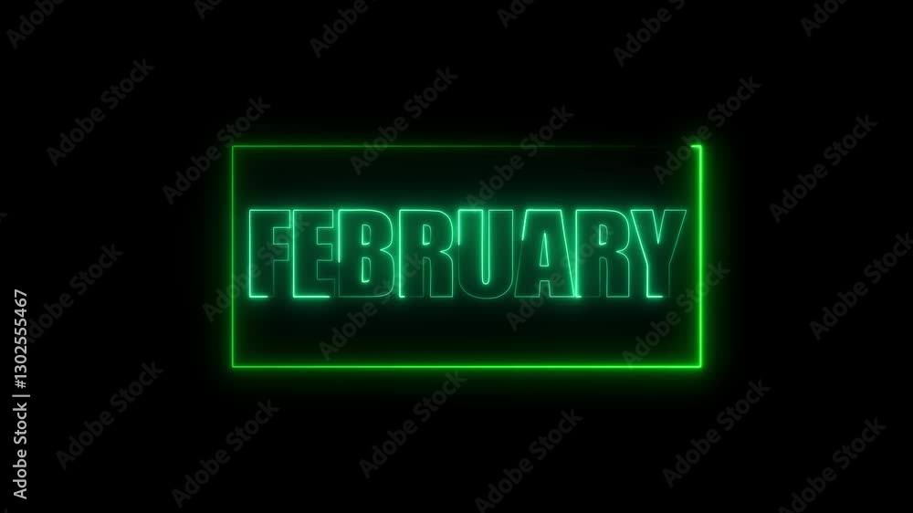 Poster glowing neon blue color rectangle animation on black background with february text animation inside 