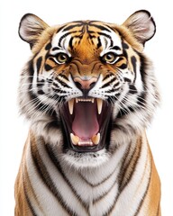 Fototapeta premium Roaring Tiger Displaying Majestic Power Against a White Backdrop