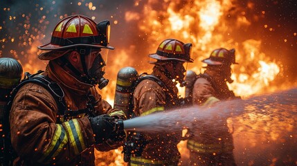 Firefighters battling intense blaze, spraying water.