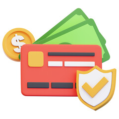 Financial Security: A conceptual illustration of financial security featuring a credit card, cash, coin, and a shield with a check mark, representing secure transactions and financial protection.
