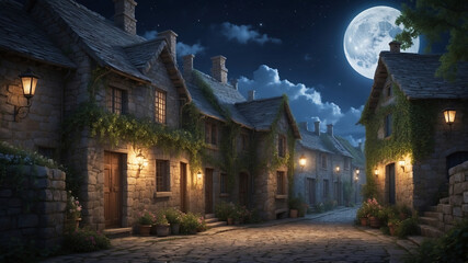 Obraz premium A cobblestone street in a quaint, old-fashioned village under a moonlit night sky