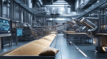 Fototapeta premium Modern automated factory interior with robotic arms processing grains on conveyor belt.