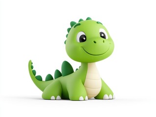 Fototapeta premium Cute green dinosaur toy smiling happily, set against a plain white background