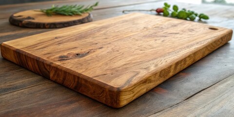 wooden cutting board with a circular board, rosemary and other ingredients on a wooden table