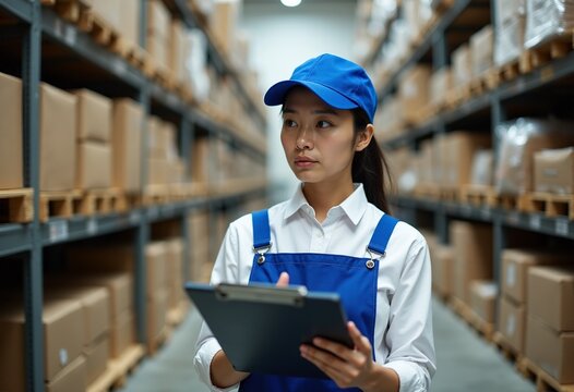 Quality Control: Japanese Female Worker in Warehouse with Clipboard, Ensuring Accuracy and Maintaining Standards in Food Industry

