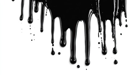 Abstract flowing black paint drips against clean white backdrop artwork