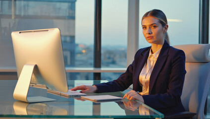 Professional woman working at modern office desk with computer