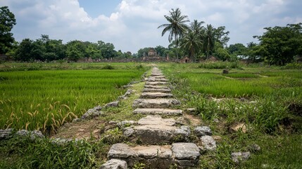 Obraz premium Ancient rice pathway in sukhothai tranquil historical landscape photography in a tropical environment