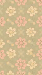 Fototapeta premium A Seamless Pattern Background Made With Repeating Shapes Of Stylized Flowers In A Vintage Style, Rendered With A Muted Color Palette Of Pastel Greens, Pinks, And Yellows, Showcasing .
