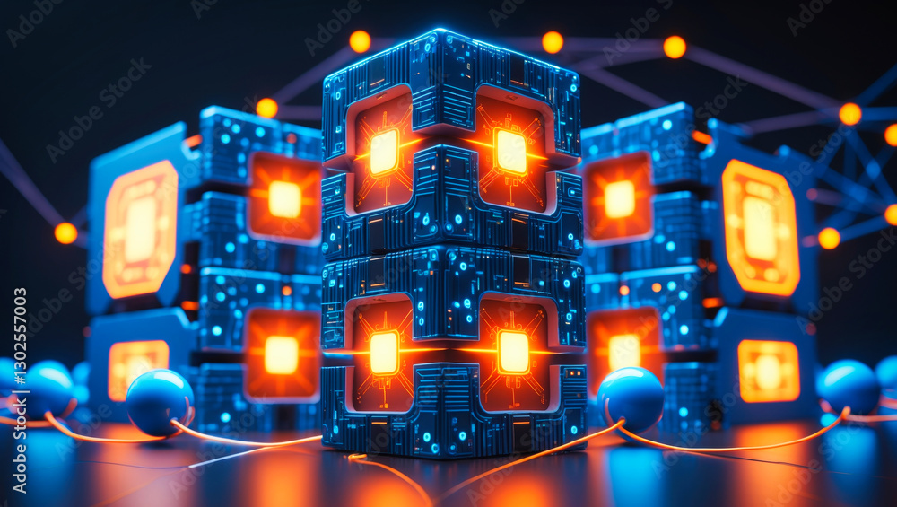 Poster an abstract futuristic, abstract technology 3d cubes structure, with intricate circuit patterns on t