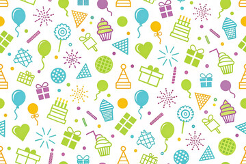 Seamless colorful pattern with birthday party icons balloons, cake, gifts, cupcakes, fireworks, and confetti.